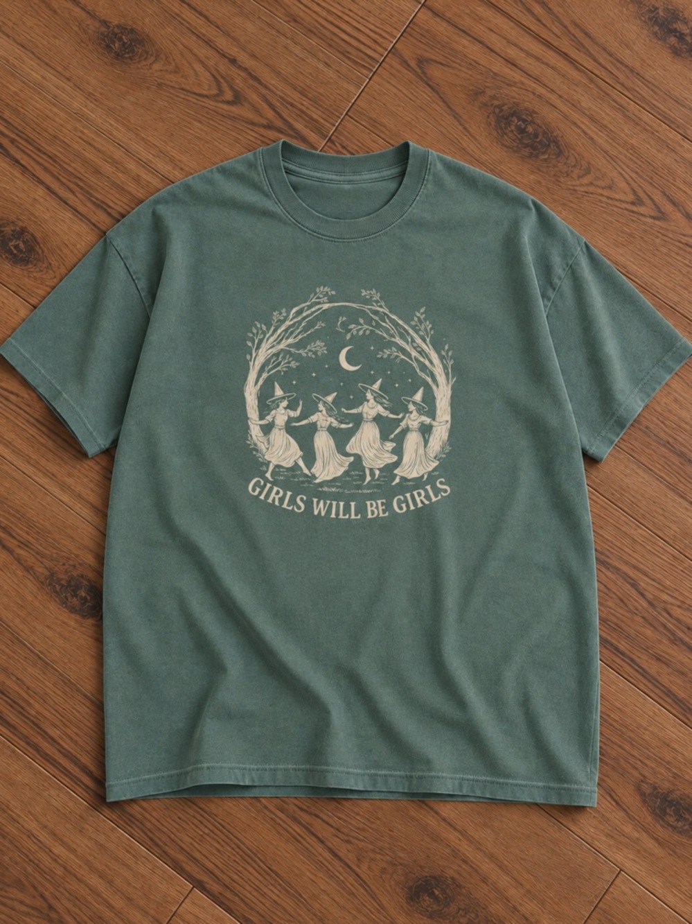 Girls Will Be Girls Dancing Witches Graphic Light Green Tee